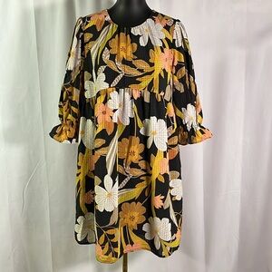 Who What Wear Retro Gingham Floral Print Ruffle Sleeve Babydoll Mini Dress